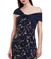 JS Collections Floral Pattern Embroidered Mesh One Shoulder Short Sleeve Asymmetrical Twit Sheath Midi Dress
