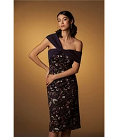 JS Collections Floral Pattern Embroidered Mesh One Shoulder Short Sleeve Asymmetrical Twit Sheath Midi Dress