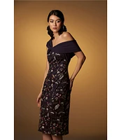 JS Collections Floral Pattern Embroidered Mesh One Shoulder Short Sleeve Asymmetrical Twit Sheath Midi Dress