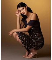 JS Collections Floral Pattern Embroidered Mesh One Shoulder Short Sleeve Asymmetrical Twit Sheath Midi Dress