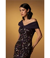JS Collections Floral Pattern Embroidered Mesh One Shoulder Short Sleeve Asymmetrical Twit Sheath Midi Dress