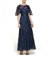 JS Collections Floral Sequin Mesh Illusion Boat Neck Elbow Flutter Sleeve Gown