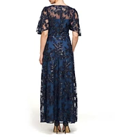 JS Collections Floral Sequin Mesh Illusion Boat Neck Elbow Flutter Sleeve Gown