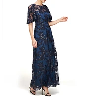 JS Collections Floral Sequin Mesh Illusion Boat Neck Elbow Flutter Sleeve Gown