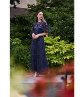 JS Collections Floral Sequin Mesh Illusion Boat Neck Elbow Flutter Sleeve Gown