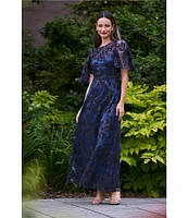 JS Collections Floral Sequin Mesh Illusion Boat Neck Elbow Flutter Sleeve Gown