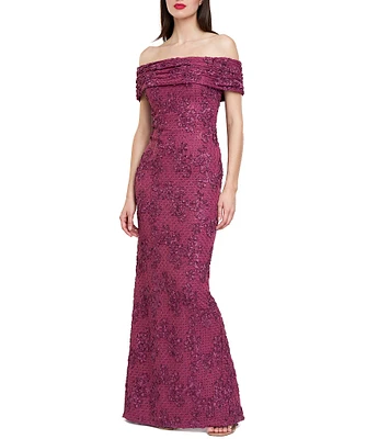 JS Collections Floral Sequin Soutache Off-The-Shoulder Cap Sleeve Back Slit Column Gown