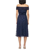 JS Collections Gemma Off-The-Shoulder Beaded Pearl Soutache Mesh A-Line Midi Dress
