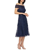 JS Collections Gemma Off-The-Shoulder Beaded Pearl Soutache Mesh A-Line Midi Dress