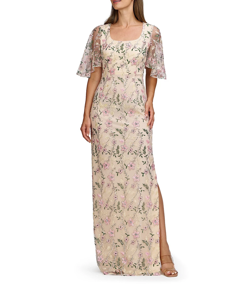 JS Collections Hannah Scoop Neck Short Illusion Flutter Sleeve Floral Sequin Embroidered Column Gown