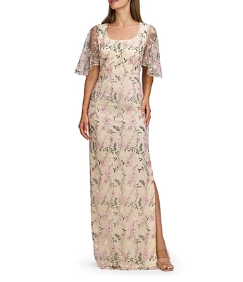 JS Collections Hannah Scoop Neck Short Illusion Flutter Sleeve Floral Sequin Embroidered Column Gown