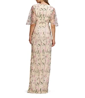 JS Collections Hannah Scoop Neck Short Illusion Flutter Sleeve Floral Sequin Embroidered Column Gown