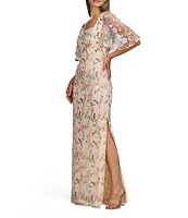 JS Collections Hannah Scoop Neck Short Illusion Flutter Sleeve Floral Sequin Embroidered Column Gown