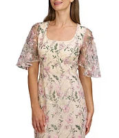JS Collections Hannah Scoop Neck Short Illusion Flutter Sleeve Floral Sequin Embroidered Column Gown