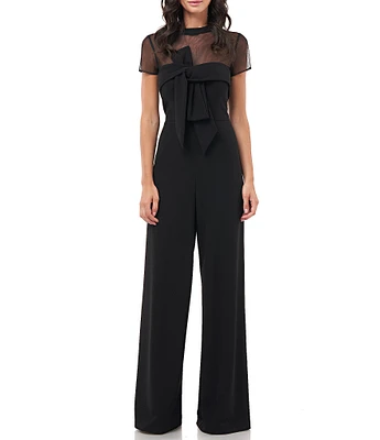 JS Collections Illusion Mock Neck Bow Front Short Sleeve Wide Leg Crepe Jumpsuit