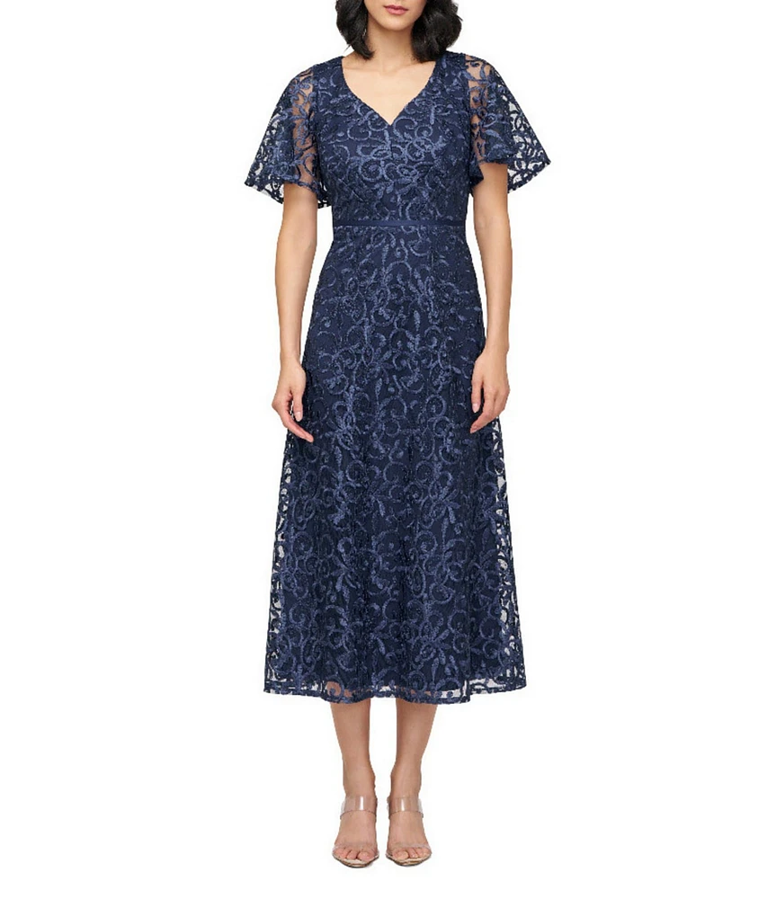 JS Collections Jess V-Neck Illusion Flutter Sleeve Embroidered Mesh A-Line Midi Dress