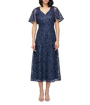 JS Collections Jess V-Neck Illusion Flutter Sleeve Embroidered Mesh A-Line Midi Dress