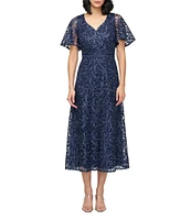 JS Collections Jess V-Neck Illusion Flutter Sleeve Embroidered Mesh A-Line Midi Dress