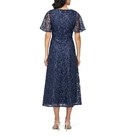 JS Collections Jess V-Neck Illusion Flutter Sleeve Embroidered Mesh A-Line Midi Dress