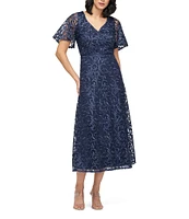 JS Collections Jess V-Neck Illusion Flutter Sleeve Embroidered Mesh A-Line Midi Dress