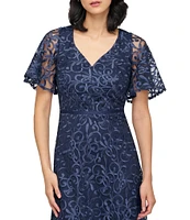 JS Collections Jess V-Neck Illusion Flutter Sleeve Embroidered Mesh A-Line Midi Dress