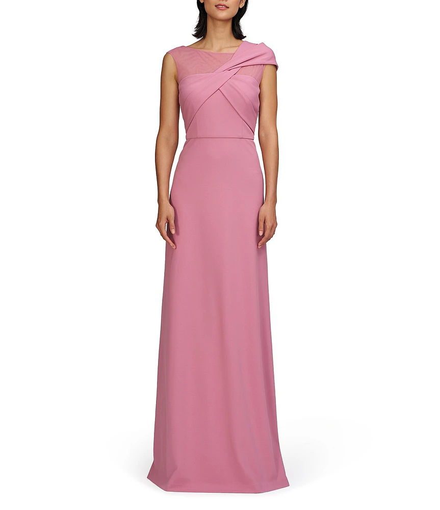 JS Collections Jordyn Illusion Round Neck Twist Front Pleated Bodice Crepe Aline Gown