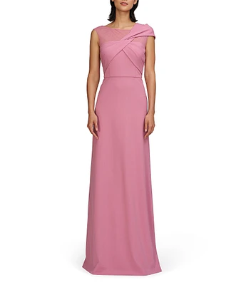 JS Collections Jordyn Illusion Round Neck Twist Front Pleated Bodice Crepe Aline Gown