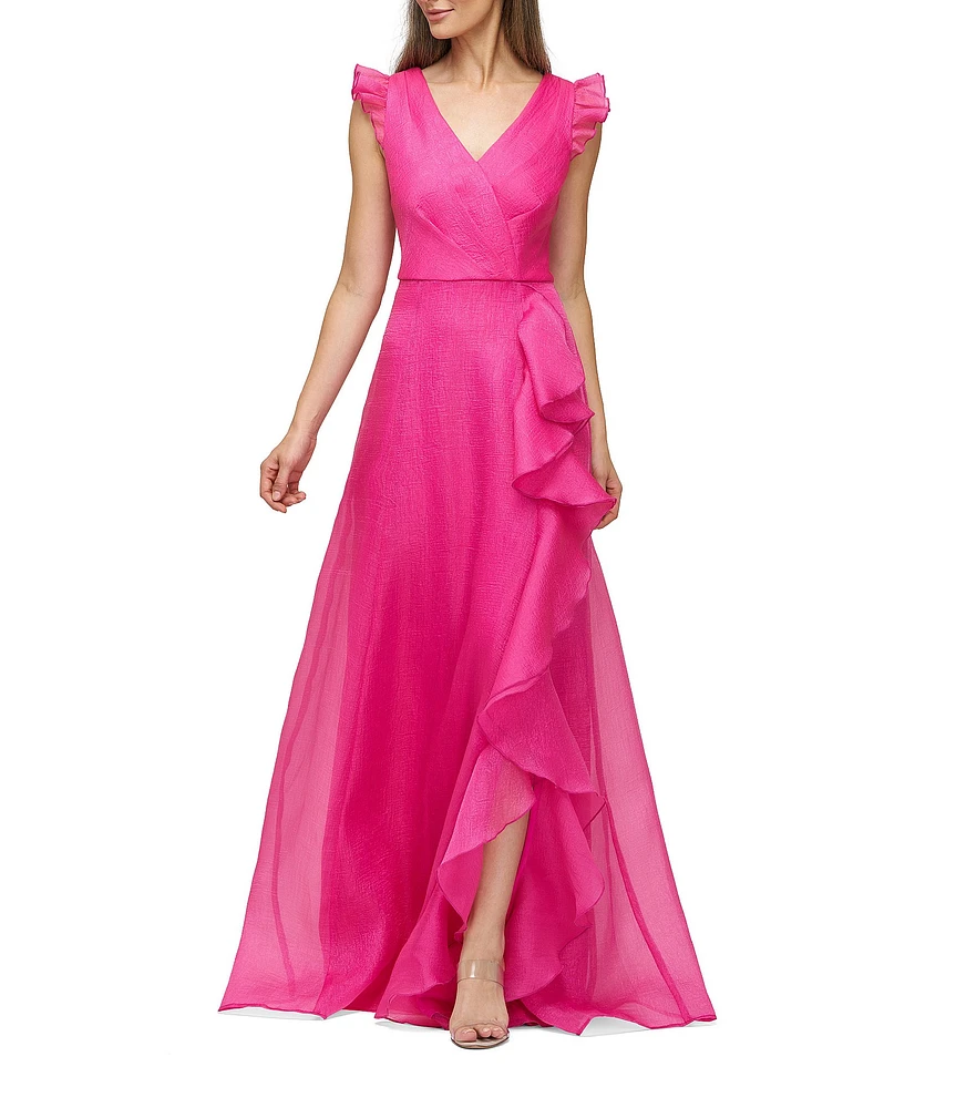 JS Collections Julie Double V-Neck Ruffle Front Organza A-Line Gown