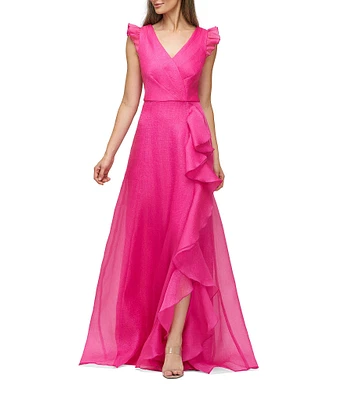 JS Collections Julie Double V-Neck Ruffle Front Organza A-Line Gown