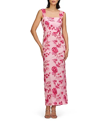 JS Collections Julieta Square Neck Floral Embroidered Mesh Sheath Gown