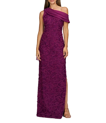 JS Collections Lace Floral Soutache Asymmetrical Neck with Chiffon Drape Back Gown