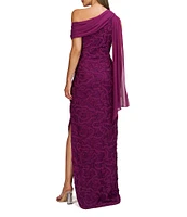 JS Collections Lace Floral Soutache Asymmetrical Neck with Chiffon Drape Back Gown