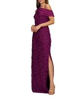 JS Collections Lace Floral Soutache Asymmetrical Neck with Chiffon Drape Back Gown