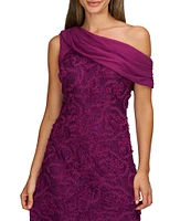 JS Collections Lace Floral Soutache Asymmetrical Neck with Chiffon Drape Back Gown