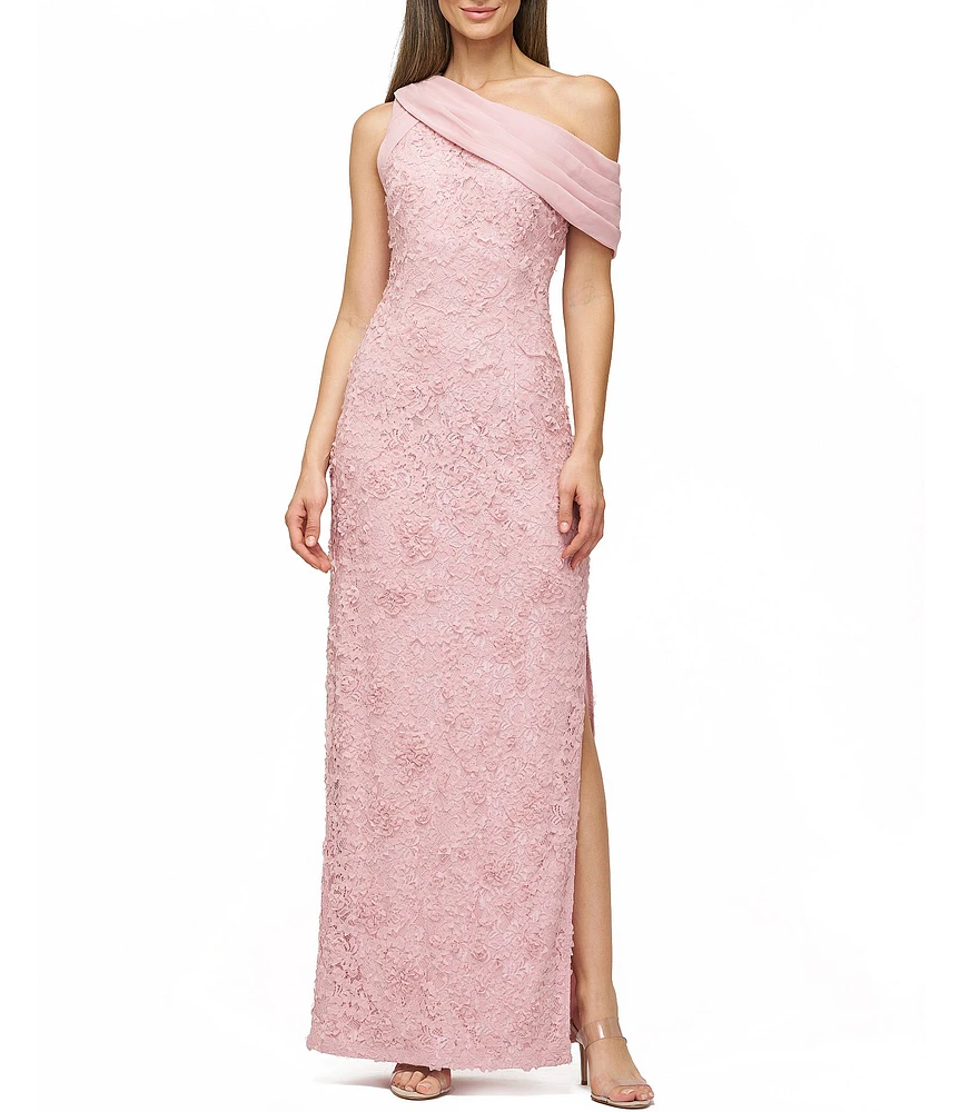 JS Collections Lace Floral Soutache Asymmetrical Neck with Chiffon Drape Back Gown