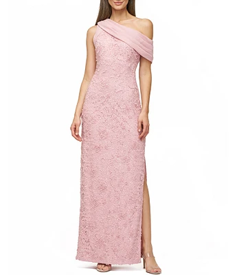 JS Collections Lace Floral Soutache Asymmetrical Neck with Chiffon Drape Back Gown