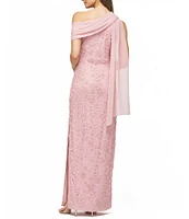 JS Collections Lace Floral Soutache Asymmetrical Neck with Chiffon Drape Back Gown