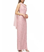 JS Collections Lace Floral Soutache Asymmetrical Neck with Chiffon Drape Back Gown