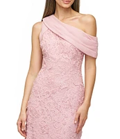 JS Collections Lace Floral Soutache Asymmetrical Neck with Chiffon Drape Back Gown
