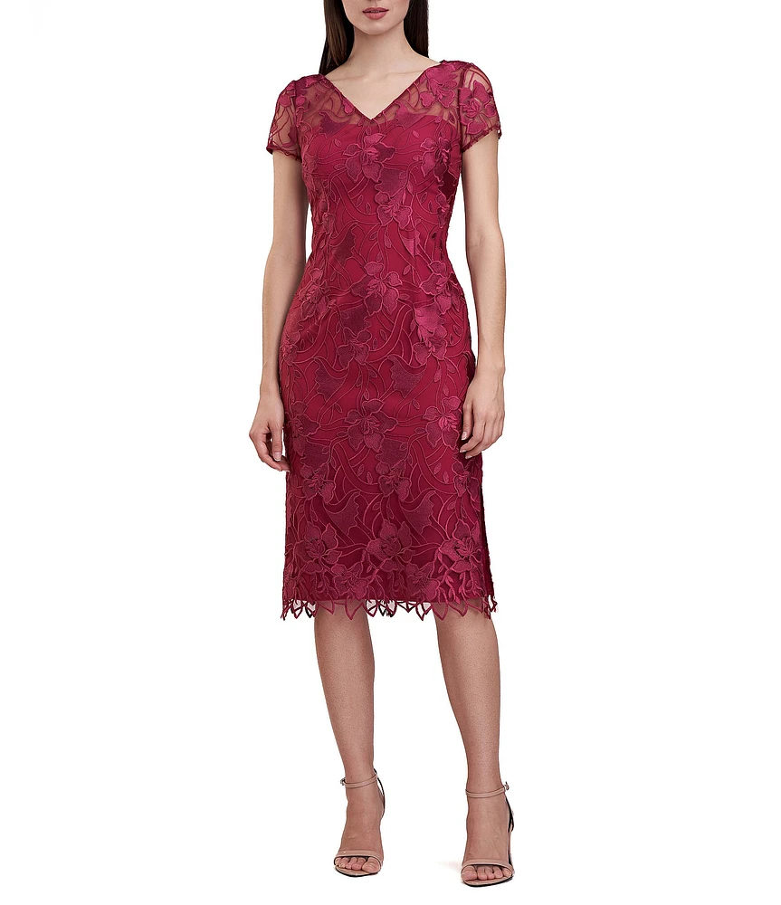 JS Collections Lily Floral Embroidered Mesh Illusion V-Neck Sheer Cap Sleeve Scallop Hem Midi Sheath Dress