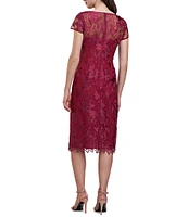 JS Collections Lily Floral Embroidered Mesh Illusion V-Neck Sheer Cap Sleeve Scallop Hem Midi Sheath Dress