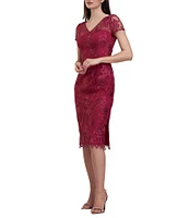 JS Collections Lily Floral Embroidered Mesh Illusion V-Neck Sheer Cap Sleeve Scallop Hem Midi Sheath Dress