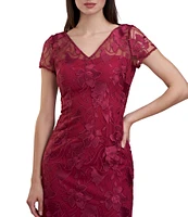 JS Collections Lily Floral Embroidered Mesh Illusion V-Neck Sheer Cap Sleeve Scallop Hem Midi Sheath Dress