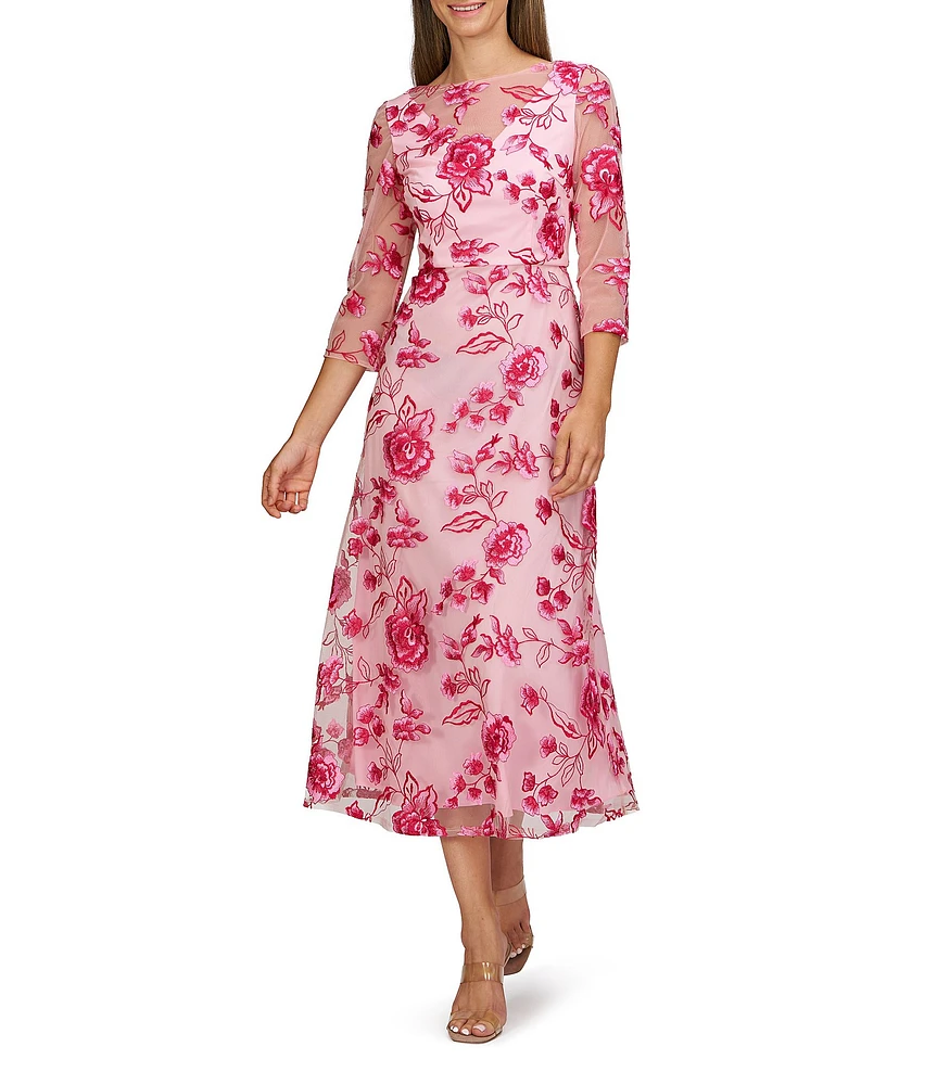JS Collections Nadine Illusion V-Neck 3/4 Sleeves Floral Embroidered Mesh Aline Tea Length Dress