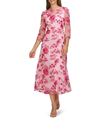 JS Collections Nadine Illusion V-Neck 3/4 Sleeves Floral Embroidered Mesh Aline Tea Length Dress