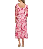 JS Collections Nadine Illusion V-Neck 3/4 Sleeves Floral Embroidered Mesh Aline Tea Length Dress