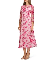 JS Collections Nadine Illusion V-Neck 3/4 Sleeves Floral Embroidered Mesh Aline Tea Length Dress