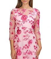 JS Collections Nadine Illusion V-Neck 3/4 Sleeves Floral Embroidered Mesh Aline Tea Length Dress