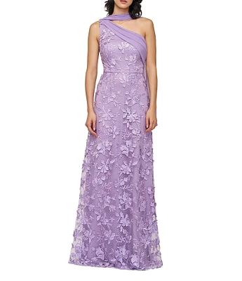 JS Collections Nola Asymmetrical Scarf One Shoulder Embroidered Mesh A-Line Gown