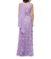 JS Collections Nola Asymmetrical Scarf One Shoulder Embroidered Mesh A-Line Gown